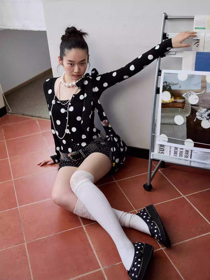 Contrast Polka Dot Knit Long Sleeve Cardigan Pajamas Loungewear Pants Set【s0000014222】