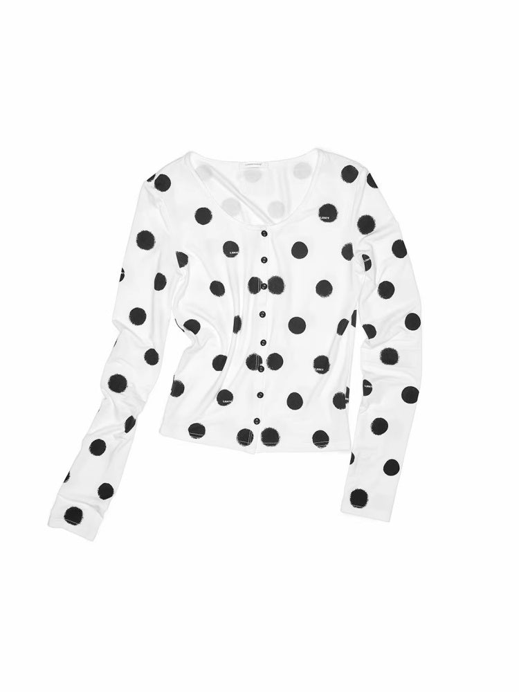 Contrast Polka Dot Knit Long Sleeve Cardigan Pajamas Loungewear Pants Set【s0000014222】