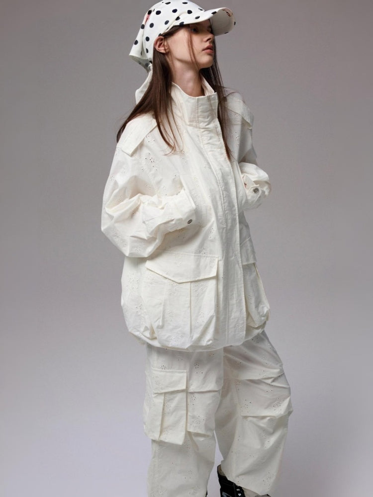 Heavy Industrial Embroidery Jacquard Multi-Pocket Stand Collar Cargo High-End Loose Jacket【s0000014224】