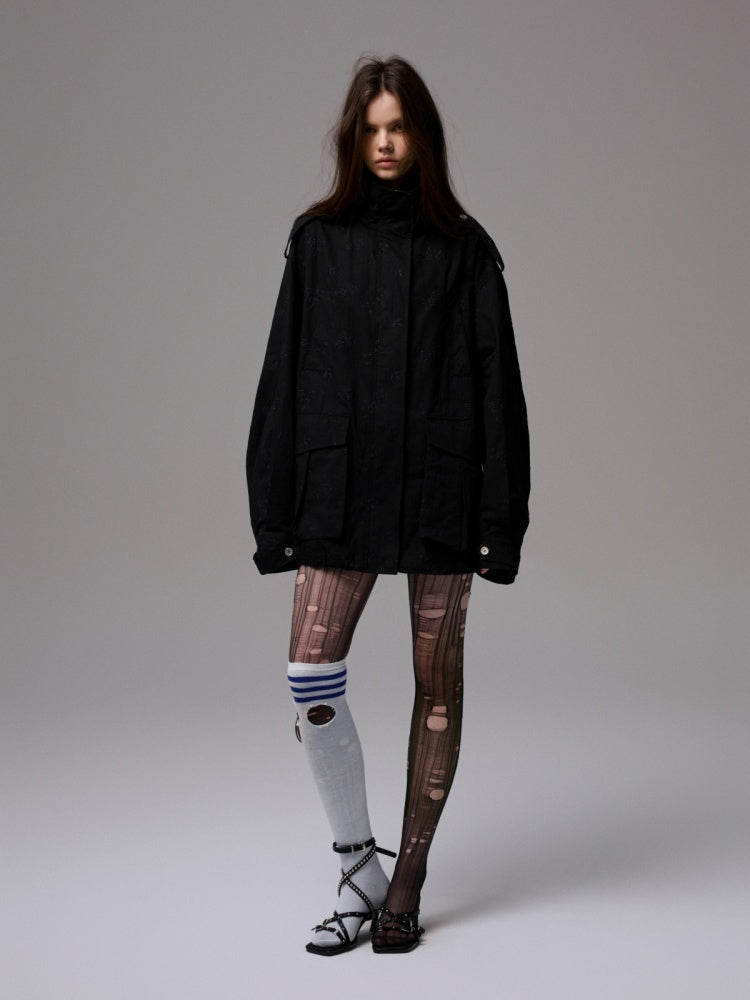 Heavy Industrial Embroidery Jacquard Multi-Pocket Stand Collar Cargo High-End Loose Jacket【s0000014224】