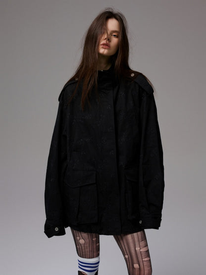 Heavy Industrial Embroidery Jacquard Multi-Pocket Stand Collar Cargo High-End Loose Jacket【s0000014224】