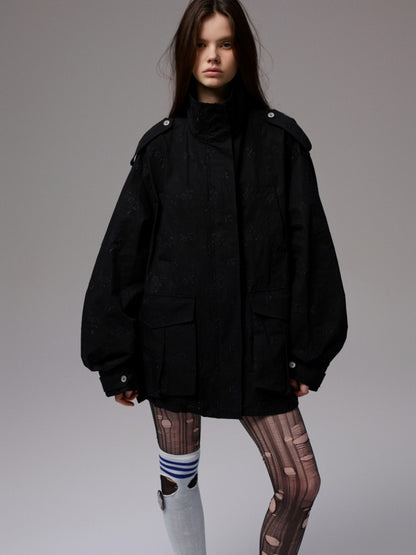 Heavy Industrial Embroidery Jacquard Multi-Pocket Stand Collar Cargo High-End Loose Jacket【s0000014224】