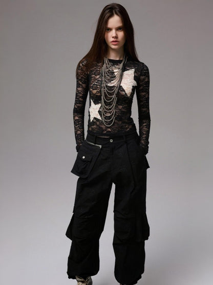 Vintage Contrast Pentagram Patch Lace Slim Long Sleeve T-Shirt【s0000014225】