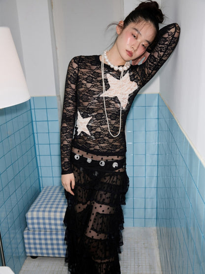 Vintage Contrast Pentagram Patch Lace Slim Long Sleeve T-Shirt【s0000014225】