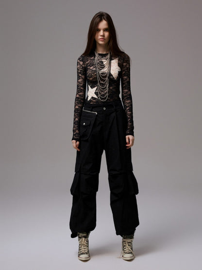 Vintage Contrast Pentagram Patch Lace Slim Long Sleeve T-Shirt【s0000014225】