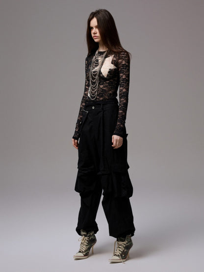 Vintage Contrast Pentagram Patch Lace Slim Long Sleeve T-Shirt【s0000014225】