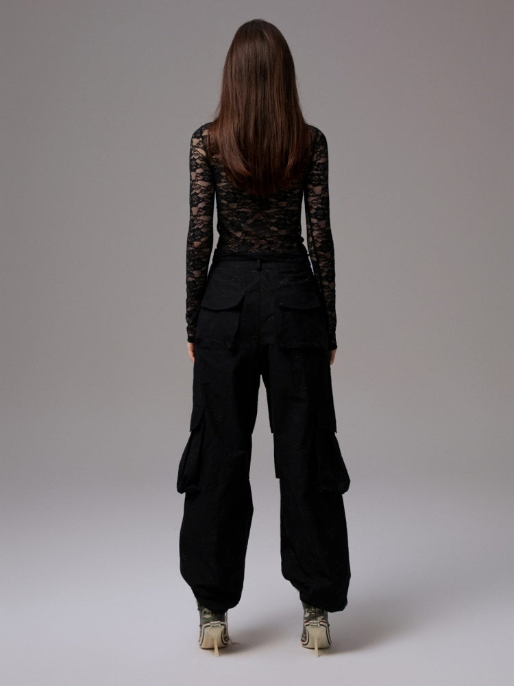 Vintage Contrast Pentagram Patch Lace Slim Long Sleeve T-Shirt【s0000014225】