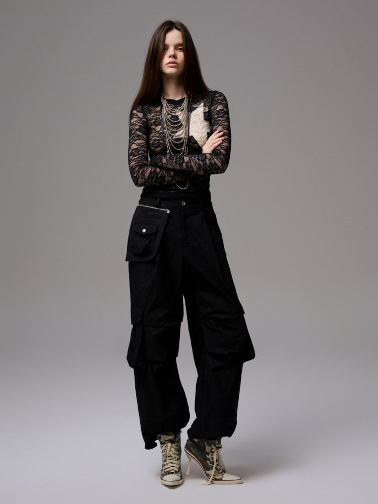 Vintage Contrast Pentagram Patch Lace Slim Long Sleeve T-Shirt【s0000014225】