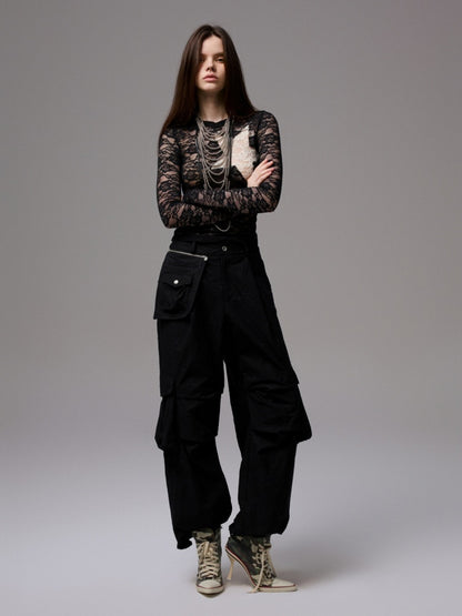 Vintage Contrast Pentagram Patch Lace Slim Long Sleeve T-Shirt【s0000014225】