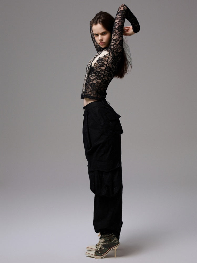 Vintage Contrast Pentagram Patch Lace Slim Long Sleeve T-Shirt【s0000014225】