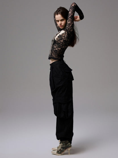 Vintage Contrast Pentagram Patch Lace Slim Long Sleeve T-Shirt【s0000014225】