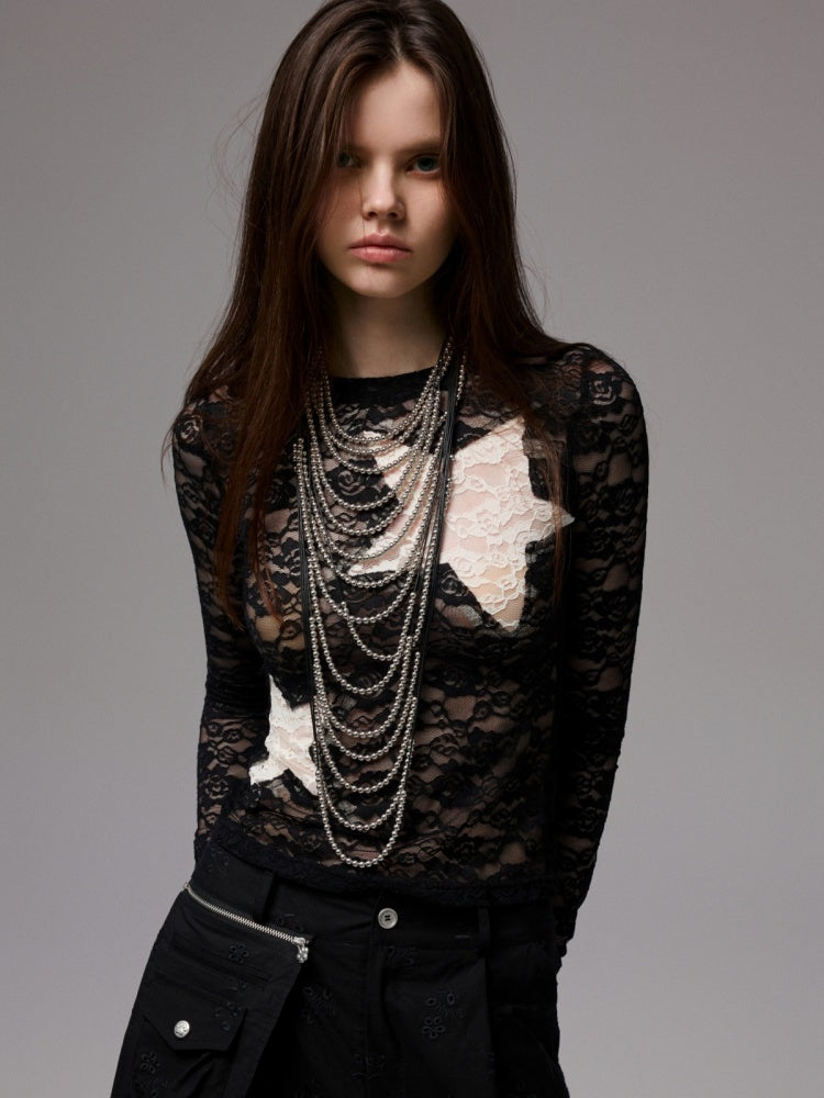 Vintage Contrast Pentagram Patch Lace Slim Long Sleeve T-Shirt【s0000014225】