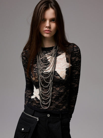 Vintage Contrast Pentagram Patch Lace Slim Long Sleeve T-Shirt【s0000014225】