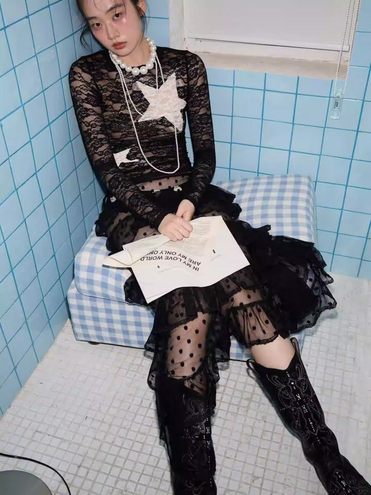 Vintage Contrast Pentagram Patch Lace Slim Long Sleeve T-Shirt【s0000014225】