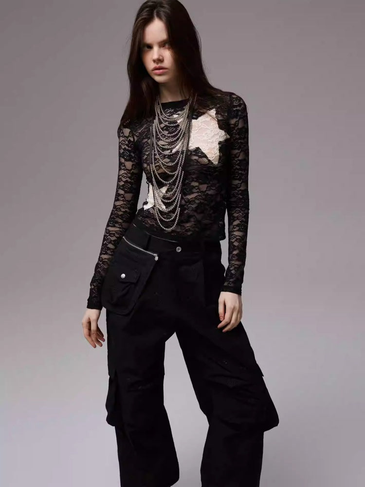 Vintage Contrast Pentagram Patch Lace Slim Long Sleeve T-Shirt【s0000014225】