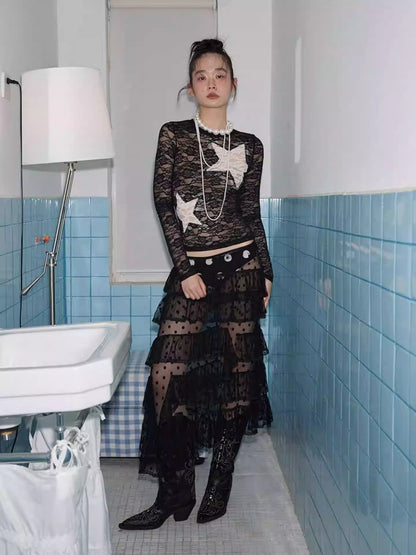 Vintage Contrast Pentagram Patch Lace Slim Long Sleeve T-Shirt【s0000014225】