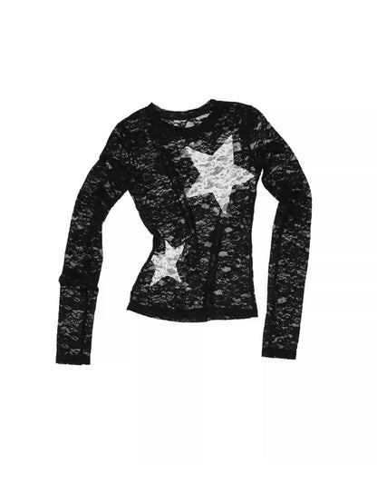 Vintage Contrast Pentagram Patch Lace Slim Long Sleeve T-Shirt【s0000014225】