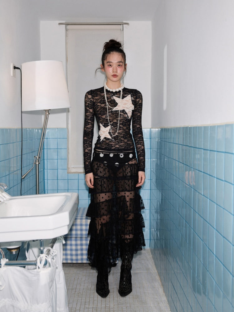 Vintage Contrast Pentagram Patch Lace Slim Long Sleeve T-Shirt【s0000014225】