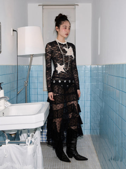 Vintage Contrast Pentagram Patch Lace Slim Long Sleeve T-Shirt【s0000014225】