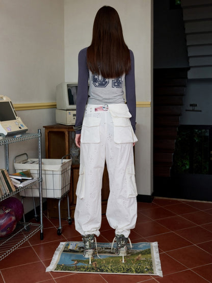 American Street Digital Print Raglan Sleeve Ripped Contrast Crew Neck T-Shirt【s0000014226】