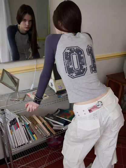 American Street Digital Print Raglan Sleeve Ripped Contrast Crew Neck T-Shirt【s0000014226】