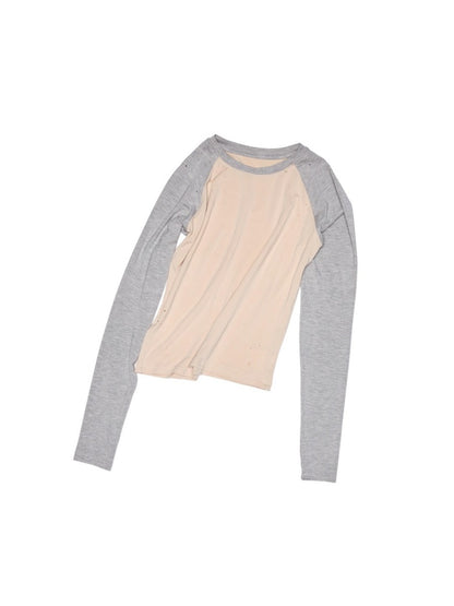 American Street Digital Print Raglan Sleeve Ripped Contrast Crew Neck T-Shirt【s0000014226】