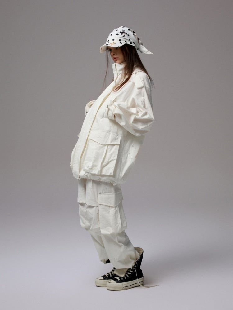 Embroidered Jacquard Multi-Pocket Luggage Three-Dimensional Shirring Design Balloon Cargo Pants【s0000014228】