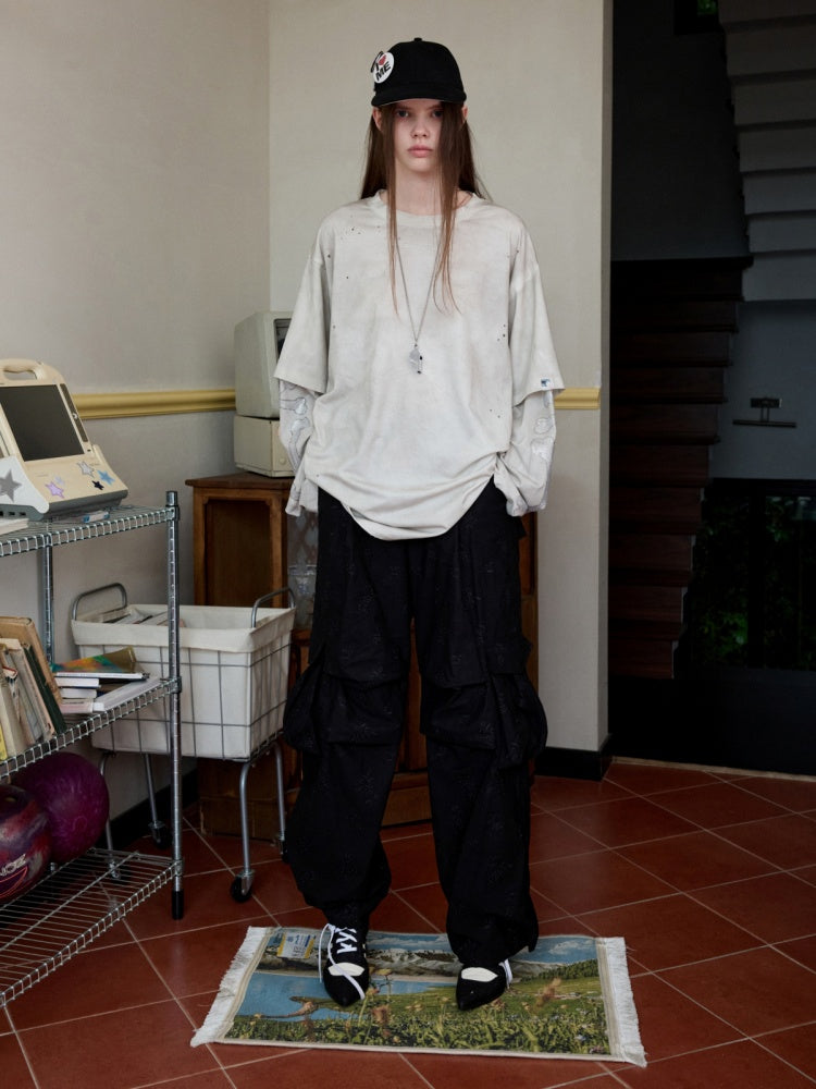 Embroidered Jacquard Multi-Pocket Luggage Three-Dimensional Shirring Design Balloon Cargo Pants【s0000014228】