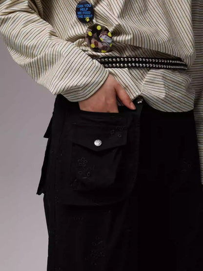Embroidered Jacquard Multi-Pocket Luggage Three-Dimensional Shirring Design Balloon Cargo Pants【s0000014228】