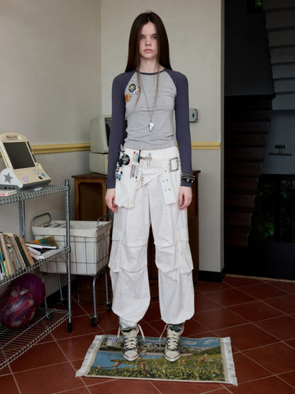 Embroidered Jacquard Multi-Pocket Luggage Three-Dimensional Shirring Design Balloon Cargo Pants【s0000014228】