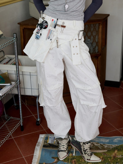 Embroidered Jacquard Multi-Pocket Luggage Three-Dimensional Shirring Design Balloon Cargo Pants【s0000014228】
