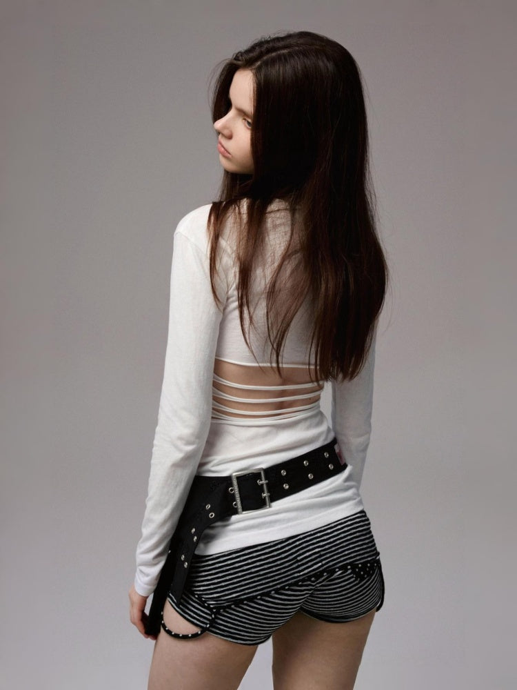 Cat Print Backless Hollow Mid-Length Waist Slimming Long Sleeve T-Shirt【s0000014229】