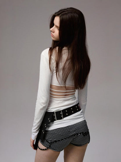 Cat Print Backless Hollow Mid-Length Waist Slimming Long Sleeve T-Shirt【s0000014229】