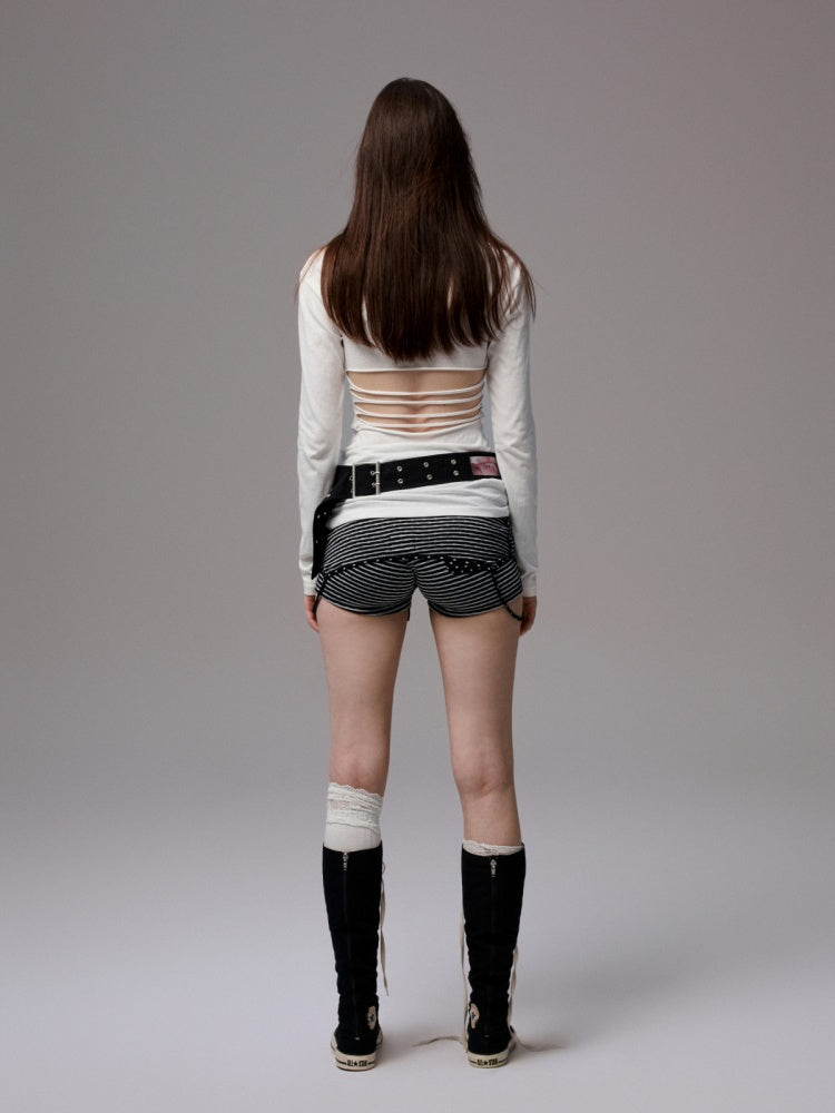 Cat Print Backless Hollow Mid-Length Waist Slimming Long Sleeve T-Shirt【s0000014229】