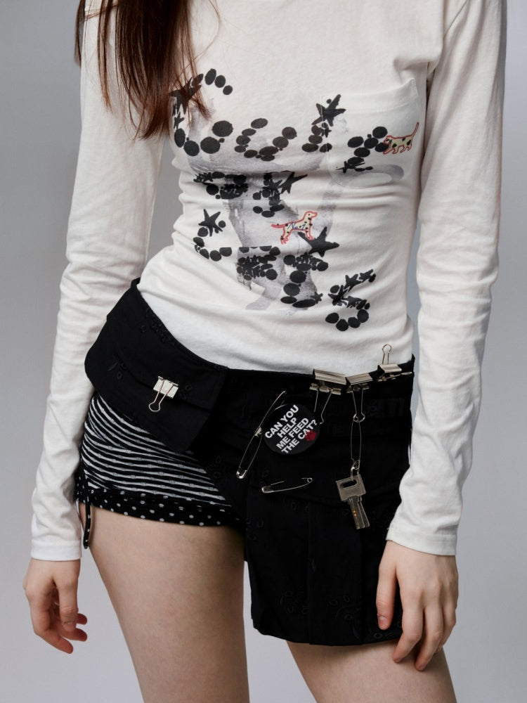 Cat Print Backless Hollow Mid-Length Waist Slimming Long Sleeve T-Shirt【s0000014229】