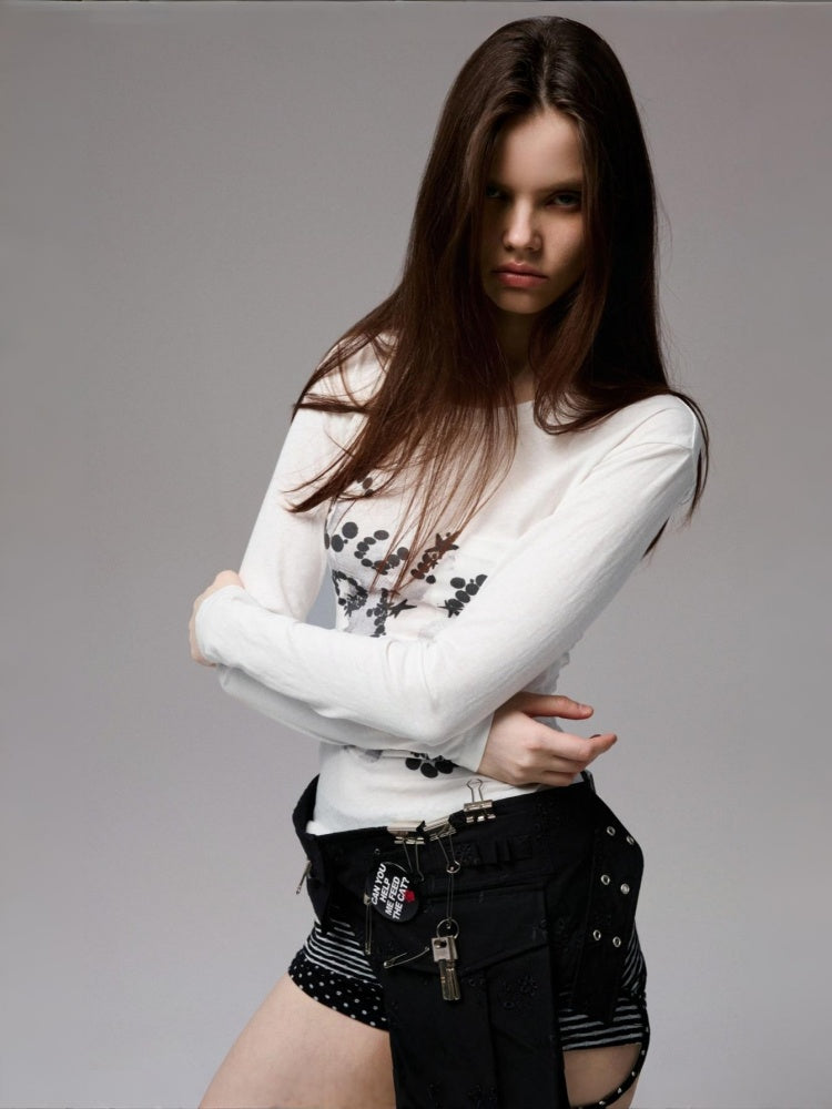 Cat Print Backless Hollow Mid-Length Waist Slimming Long Sleeve T-Shirt【s0000014229】