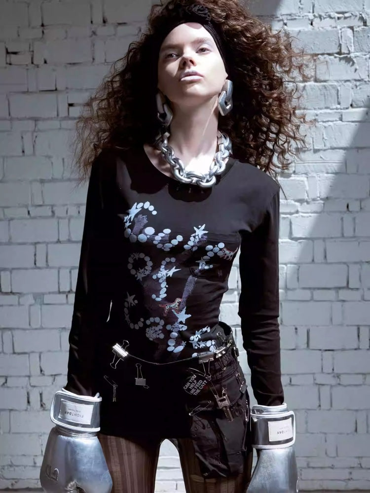 Cat Print Backless Hollow Mid-Length Waist Slimming Long Sleeve T-Shirt【s0000014229】