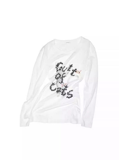 Cat Print Backless Hollow Mid-Length Waist Slimming Long Sleeve T-Shirt【s0000014229】