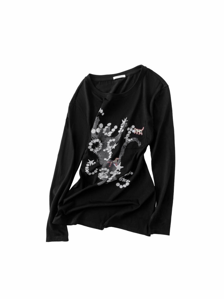 Cat Print Backless Hollow Mid-Length Waist Slimming Long Sleeve T-Shirt【s0000014229】