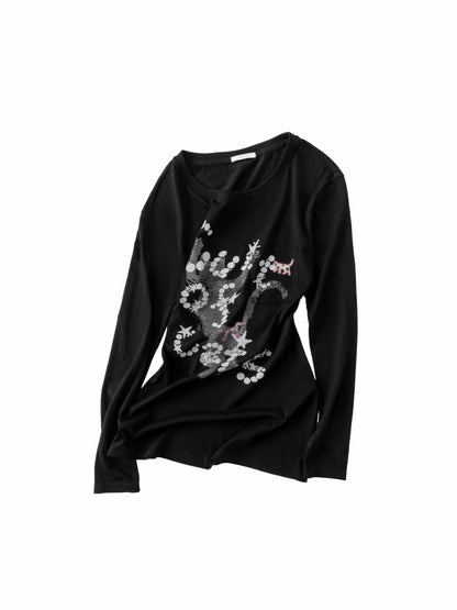 Cat Print Backless Hollow Mid-Length Waist Slimming Long Sleeve T-Shirt【s0000014229】