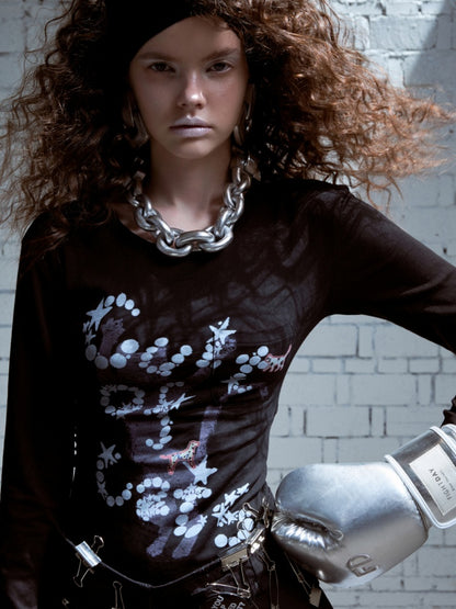 Cat Print Backless Hollow Mid-Length Waist Slimming Long Sleeve T-Shirt【s0000014229】