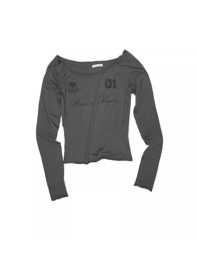American-Style Badge Print Perforated Design Slim Long Sleeve T-Shirt【s0000014230】