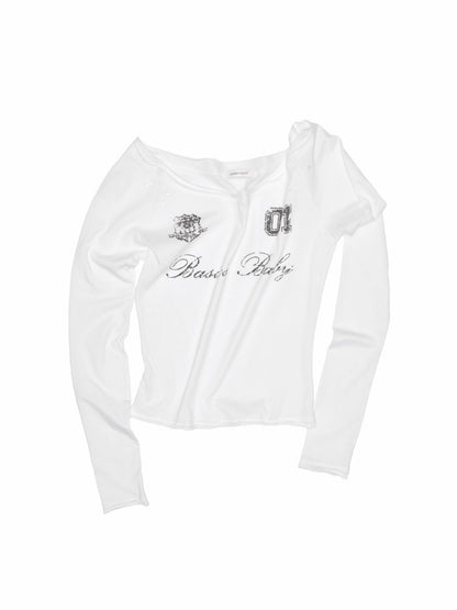 American-Style Badge Print Perforated Design Slim Long Sleeve T-Shirt【s0000014230】