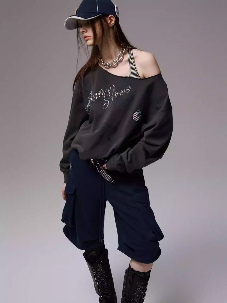 American Vintage Letter Print Rhinestone Asymmetrical Slanted Shoulder Sweatshirt【s0000014231】