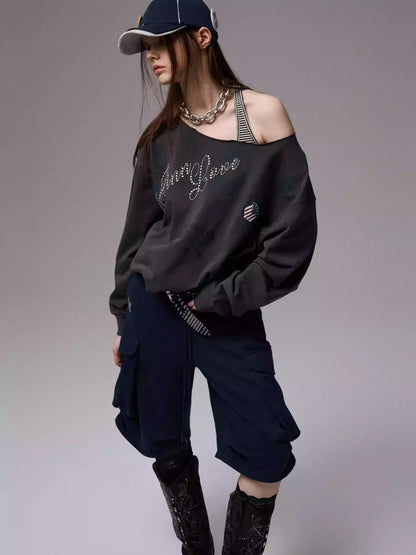American Vintage Letter Print Rhinestone Asymmetrical Slanted Shoulder Sweatshirt【s0000014231】