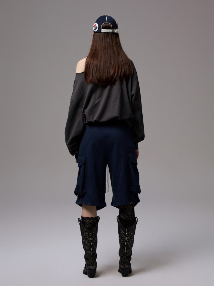American Vintage Letter Print Rhinestone Asymmetrical Slanted Shoulder Sweatshirt【s0000014231】