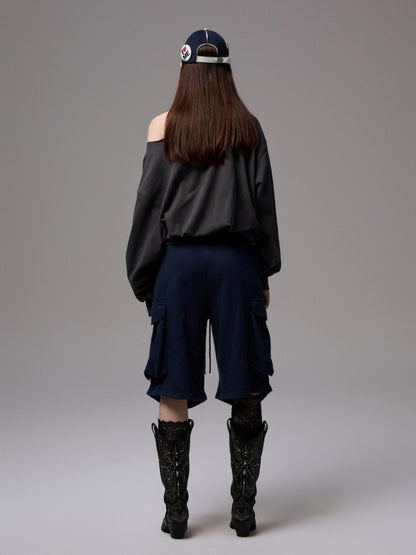 American Vintage Letter Print Rhinestone Asymmetrical Slanted Shoulder Sweatshirt【s0000014231】