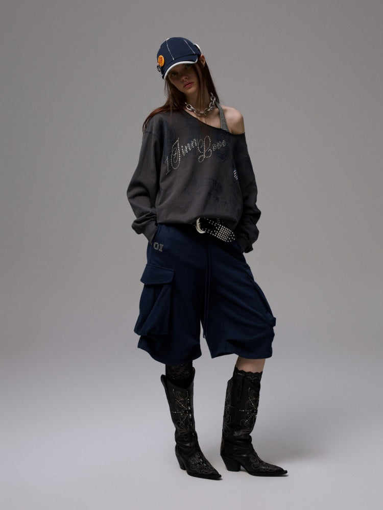 American Vintage Letter Print Rhinestone Asymmetrical Slanted Shoulder Sweatshirt【s0000014231】