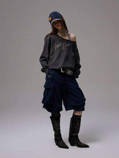 American Vintage Letter Print Rhinestone Asymmetrical Slanted Shoulder Sweatshirt【s0000014231】