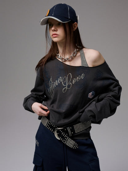 American Vintage Letter Print Rhinestone Asymmetrical Slanted Shoulder Sweatshirt【s0000014231】